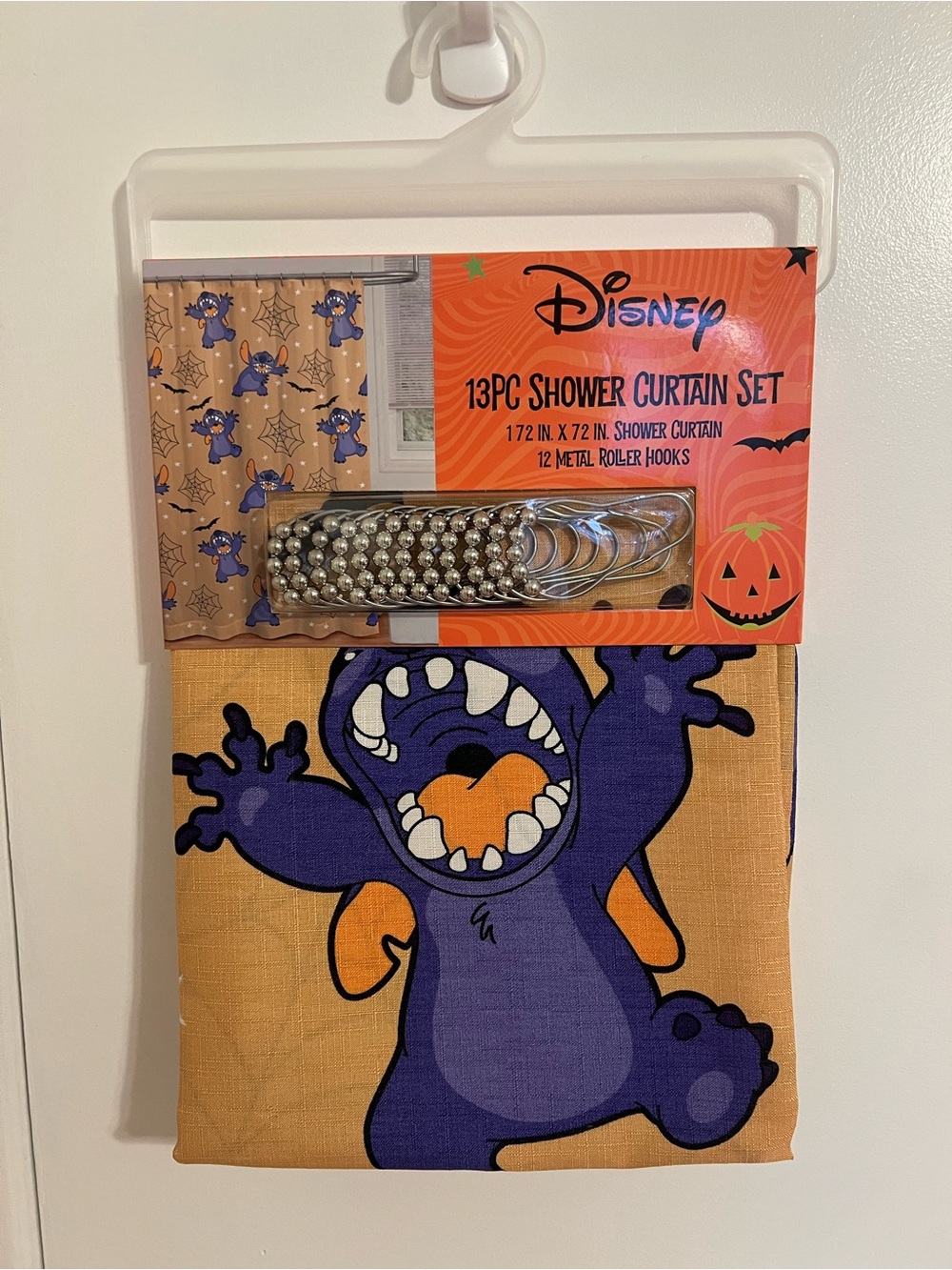 NWT Disney Purple & Orange Stitch Halloween Shower Curtain Set